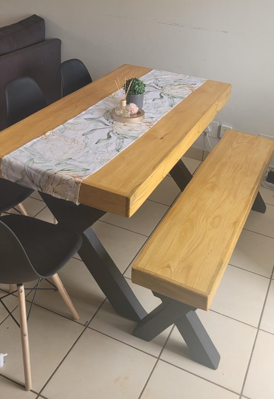 6seater Crossed Leg Table, Bench Black, Oak and 4chairs Set Modern Benches