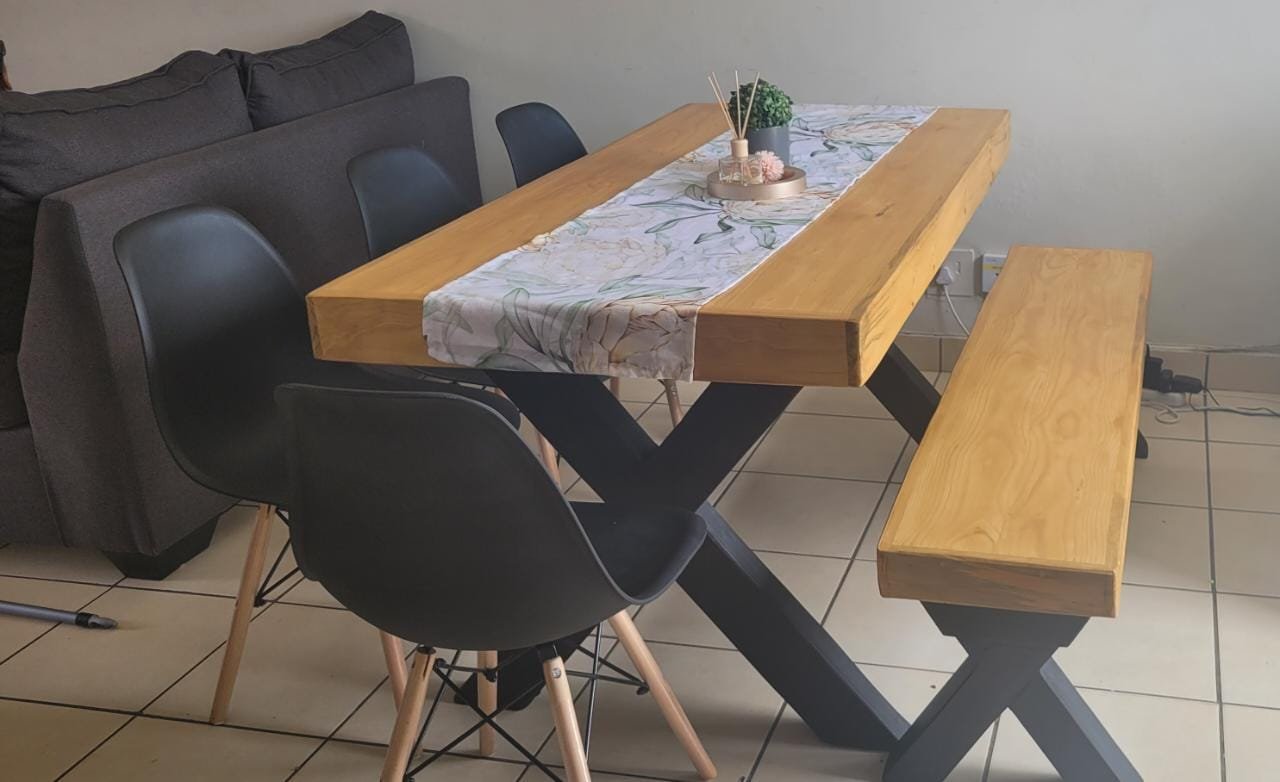 6seater Crossed Leg Table, Bench Black, Oak and 4chairs Set Modern Benches